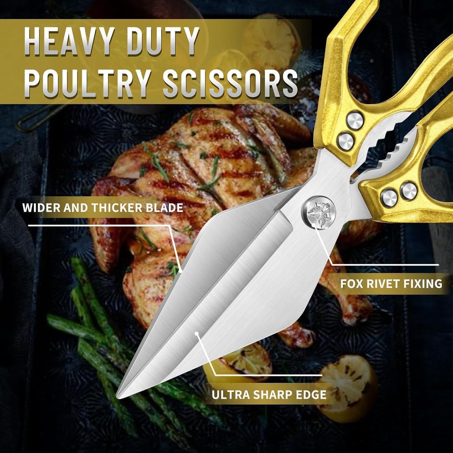Dream Reach Heavy Duty Poultry Shears Kitchen Scissors for Food with Ergonomic Handle, Japanese High-Carbon Steel Cooking Scissors for Kitchen, Chicken, Meat, Seafood, Bone Cutting (Gold)