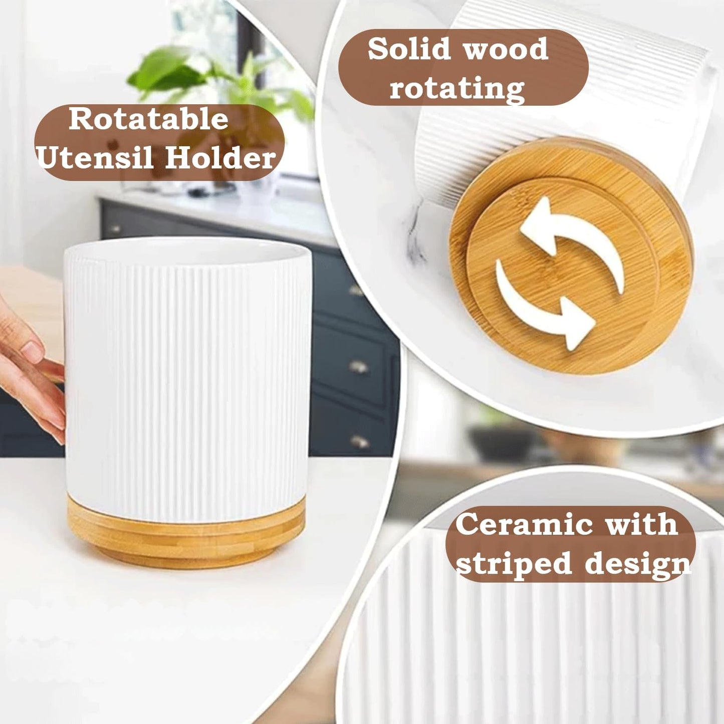 Utensils Holder 360° Rotating Ceramic Kitchen Utensils Holder for Countertop, Utensil Crock for Farmhouse Kitchen Décor, Rotatable & Detachable Wooden Base [White]