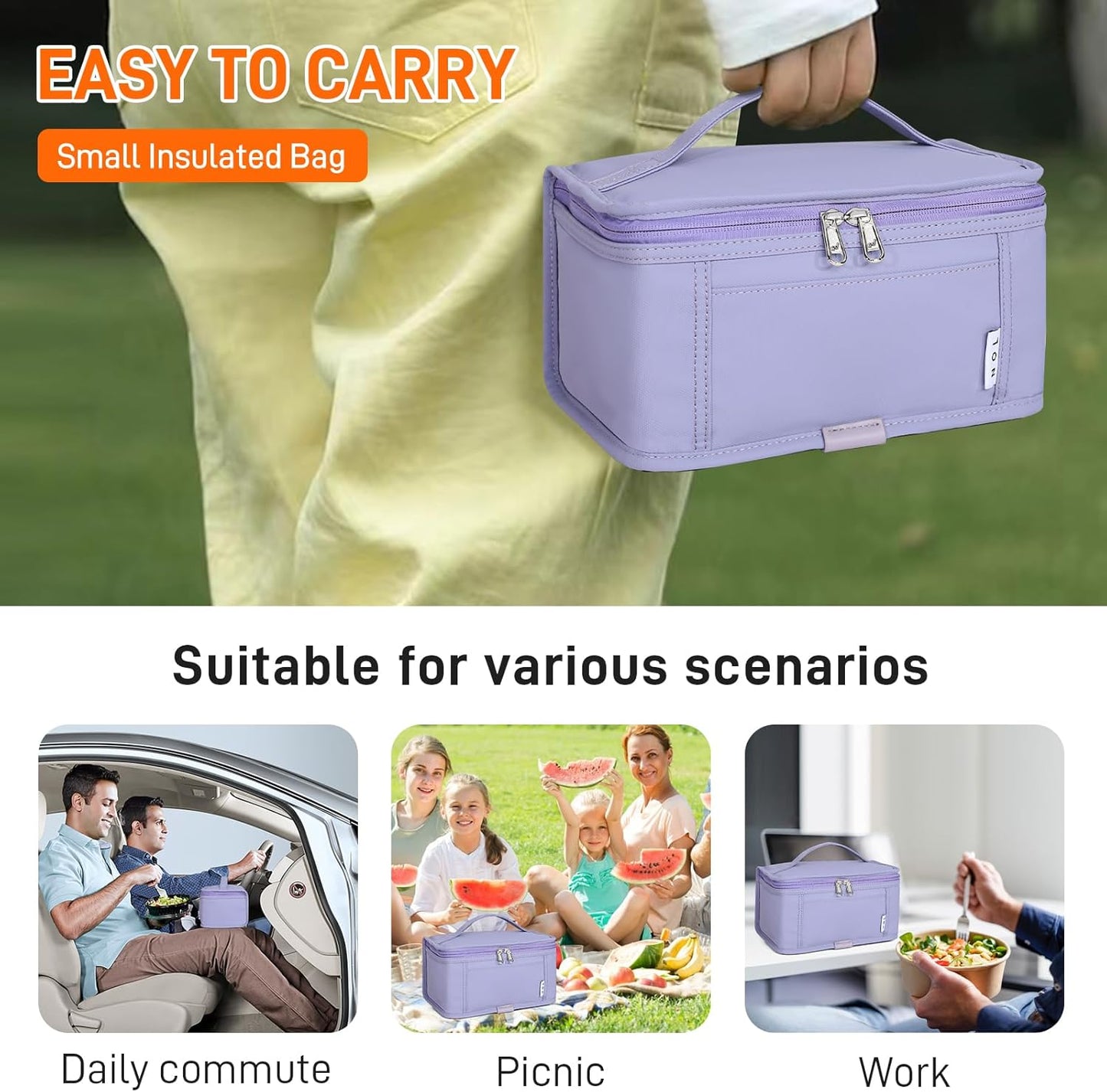 NOL Natural Organic Lifestyle Small Lunch Bag Mini Lunch Box Insulated Lunch Bag for Men/Women Leakproof Cooler Tote Bag Lightweight Nylon Waterproof Lunch Box For Work, Light purple