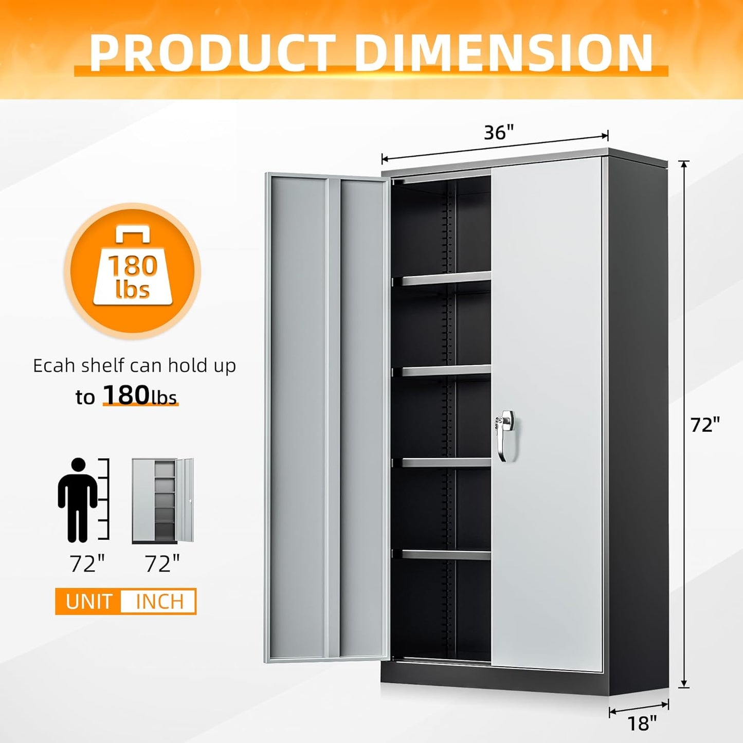 INTERGREAT Metal Storage Cabinets 72” Black Grey Garage Steel Storage Cabinet with Doors and Shelves, Steel File Cabinet for Home Office, Basement, Warehouse, Classroom（Anti Tipping）