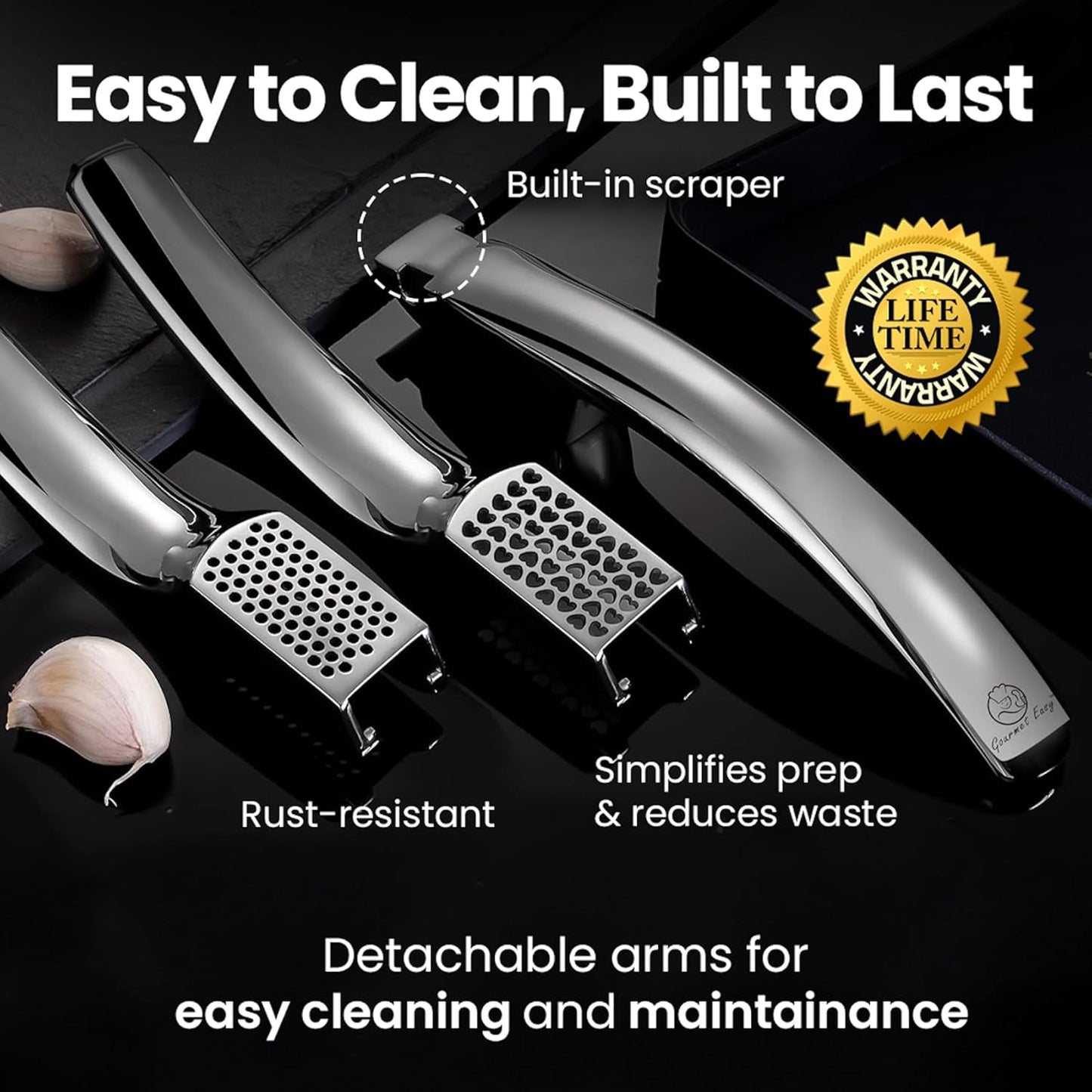 No Peeling Required Garlic Press Stainless Steel with Two Detachable Handles for Coarse&Fine Mincing-Premium Garlic Mincer Tool, Easy to Clean, Dishwasher Safe Garlic Crusher with Lifetime Replacement