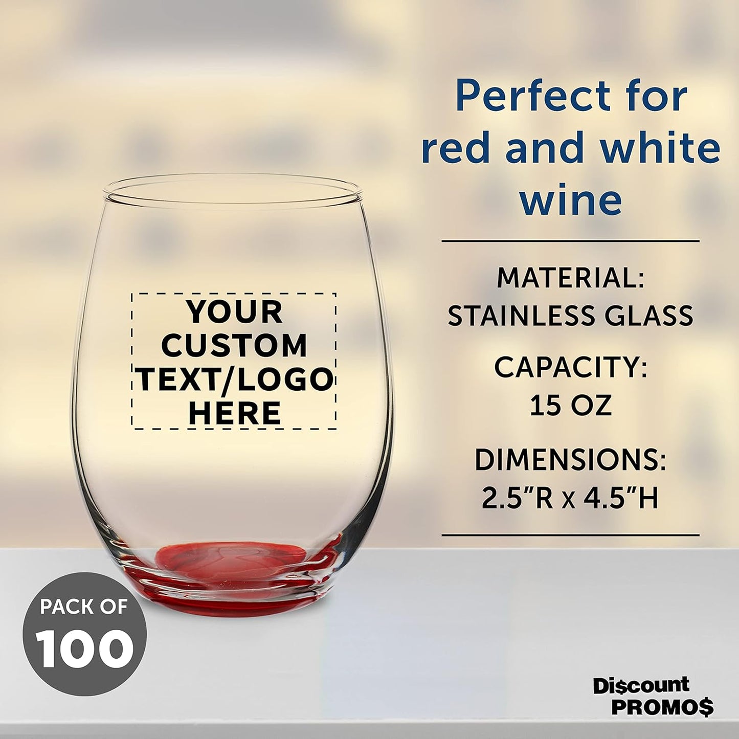 Custom Stemless Wine Glasses in Bulk by ARC Perfection, 15 oz, 100 pack, Personalized Text, Logo, Red or White Wine Glass Set, Red