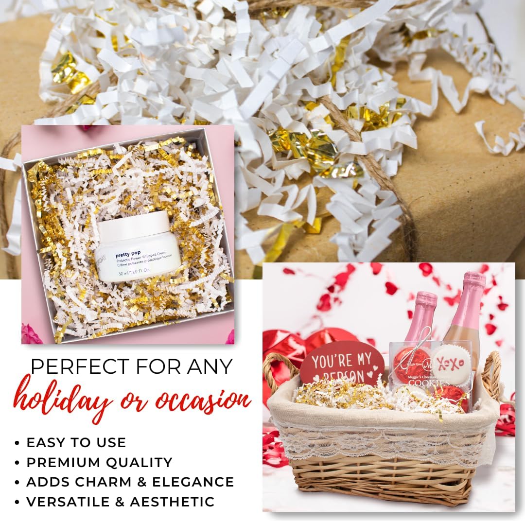 MagicWater Crinkle Cut Paper for Gift Baskets - 2LB - White & Gold - Perfect for Shredded Paper Filler, Basket Filler, Gift Boxes, Bridesmaid Gifts, Halloween Stuffers & More – Ideal for All Occasions