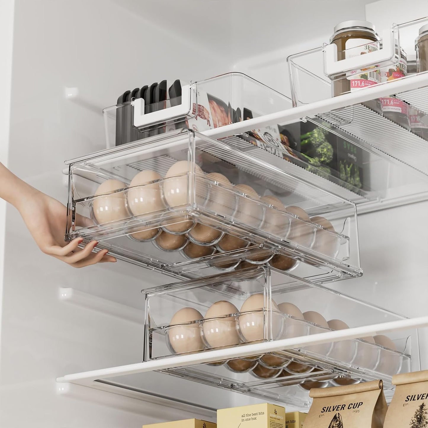 BPA Free Stackable Egg Container - 18 Egg Refrigerator Organizer with 2 Kitchen Hooks, Clear