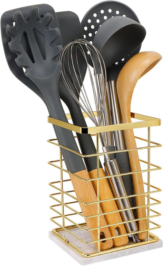 Square Kitchen Utensil Holder, Sturdy Metal Rack for Countertop Storage, Cooking Tools Organizer with Drainage Hole, Stylish Utensil Caddy for Effortless Kitchen Organization, with Marble Base
