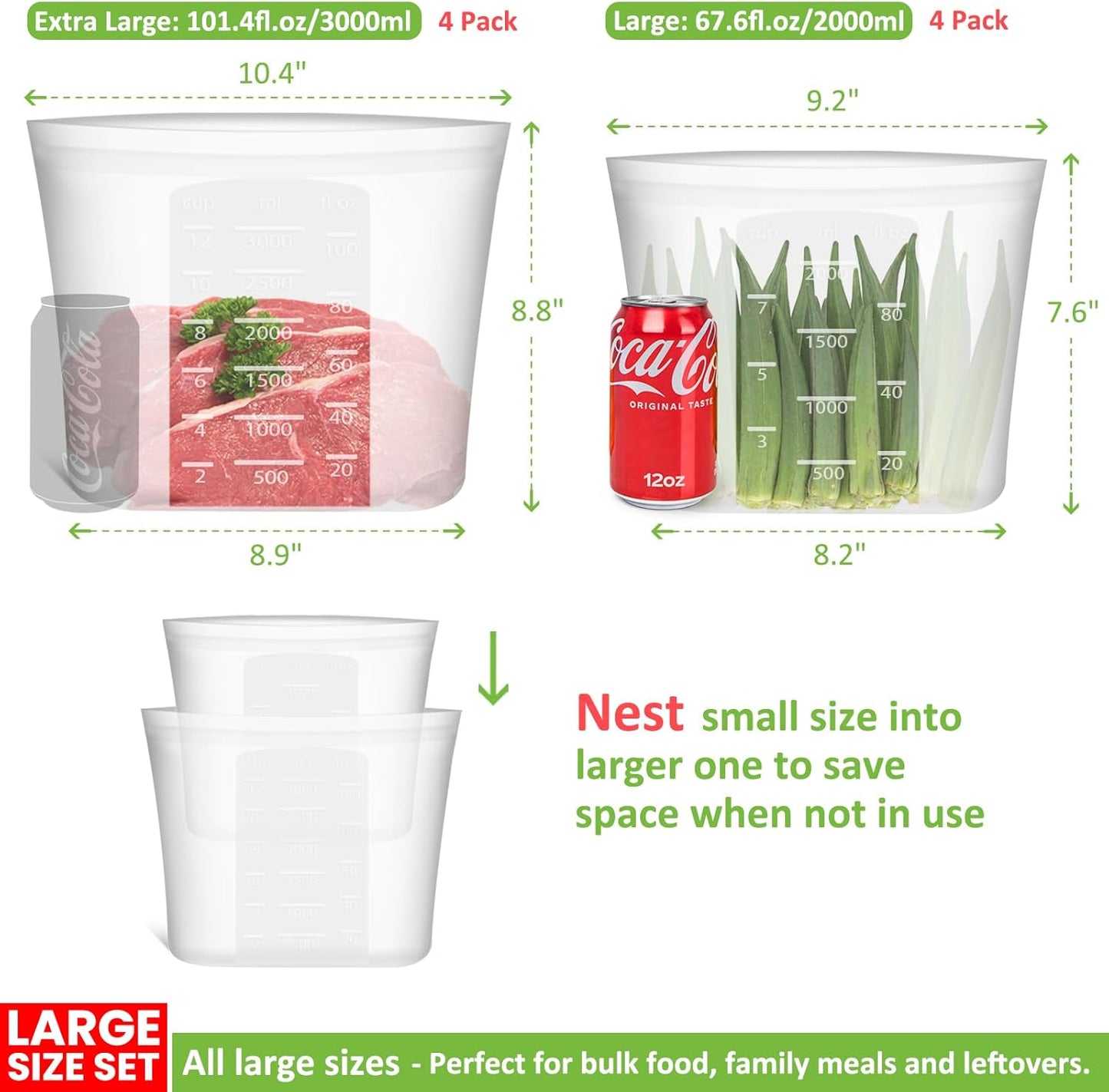 Reusable Storage Bags, Set of 2 Large Sizes, 8 Pack 100% Silicone Food Storage Bags Stand Up Zip Lock Bag for Food, Freezer Microwave Oven Dishwasher Safe, 4 XL-4/5 Gallon, 4 L-1/2 Gallon, Translucent