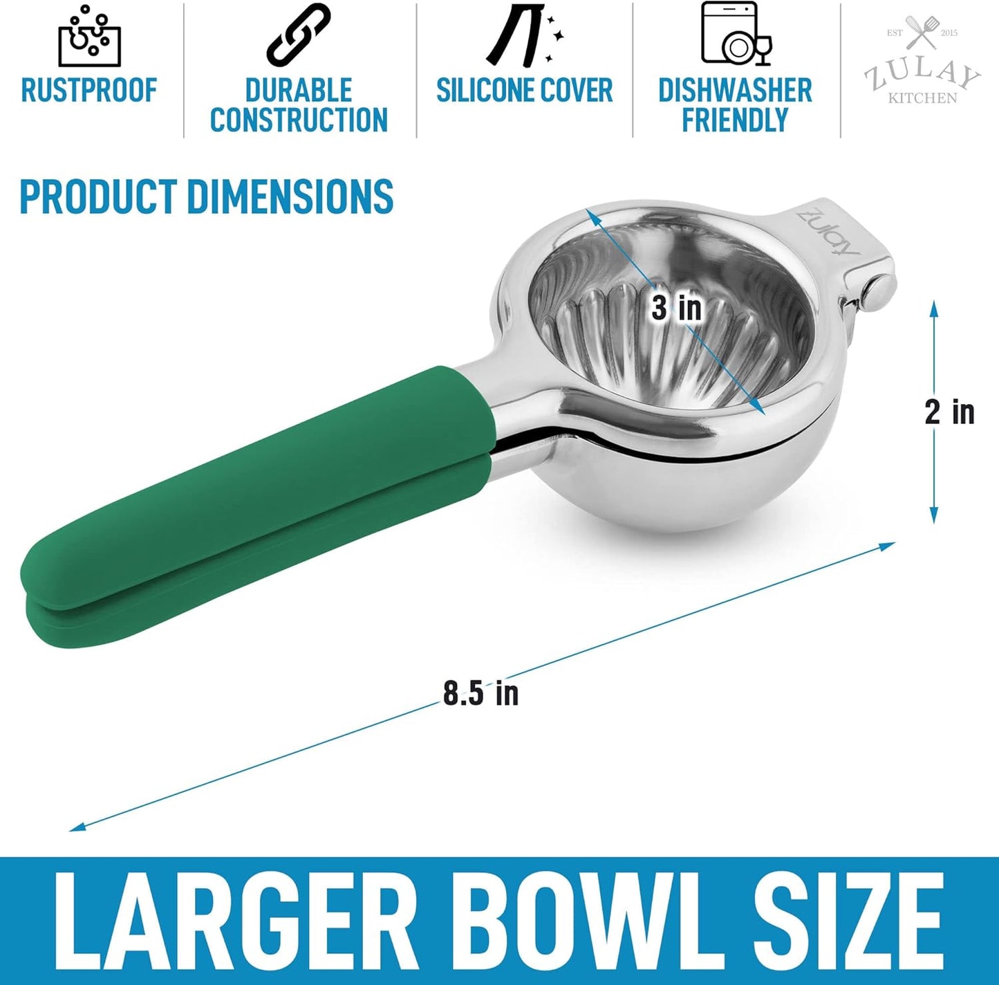 Zulay Lemon Squeezer Stainless Steel with Premium Heavy Duty Solid Metal Squeezer Bowl and Food Grade Silicone Handles - Large Manual Citrus Press Juicer and Lime Squeezer Stainless Steel (Green)
