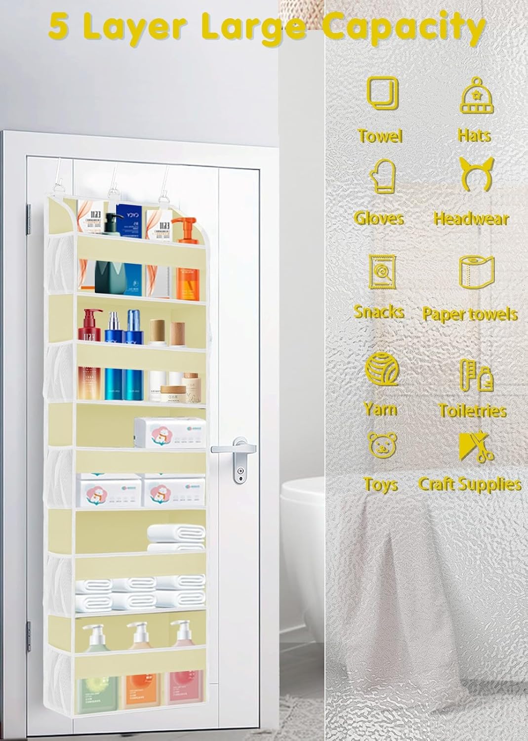 1 Pack Over The Door Storage Organizer with 5 Pockets 10 Mesh Pockets, 44 lbs Weight Capacity Door Hanging Organizers and Storage for Bedroom,Bathroom,Nursery,Kidroom,Babyroom