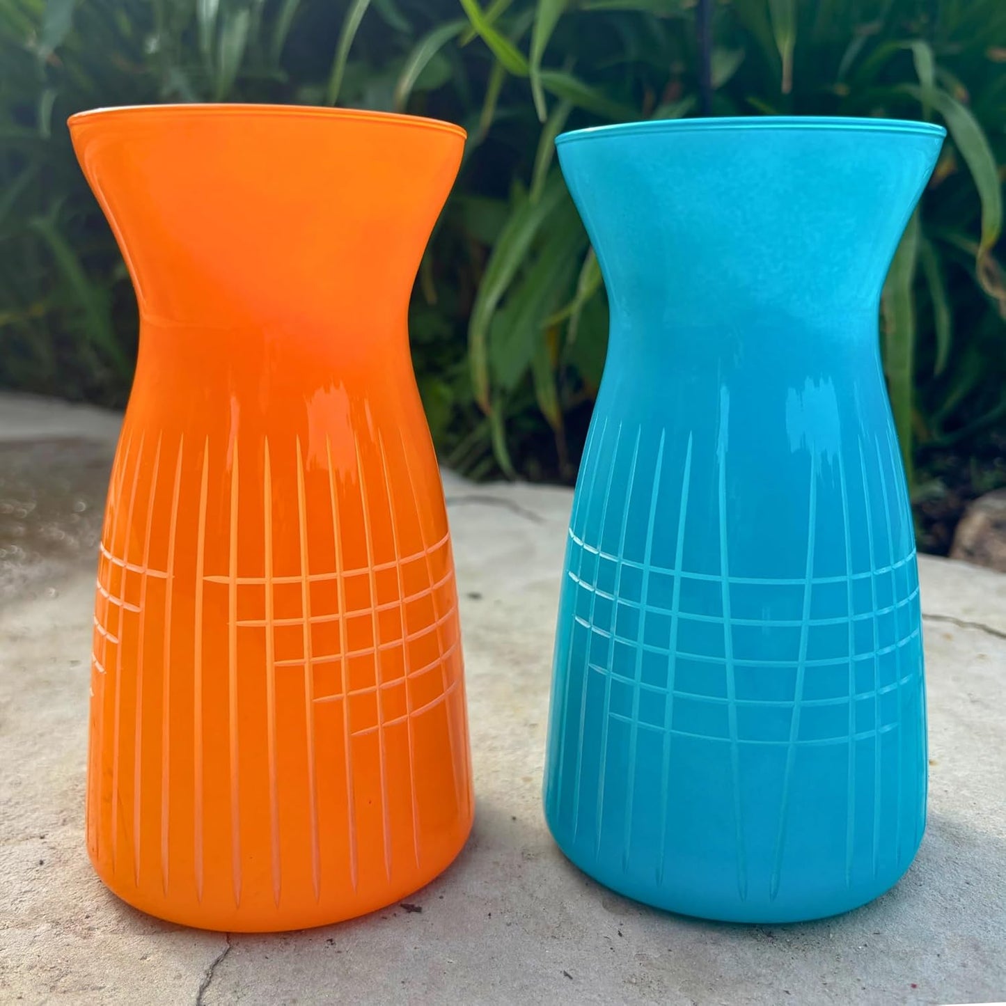 Rolf Glass Matchstick Colored Glass Vases | 6.5" Flower Vases | Diamond-Wheel Engraved | Designed and Engraved in the US | Bright Blue and Orange Glass | Bold, Contemporary Design | Set of 2