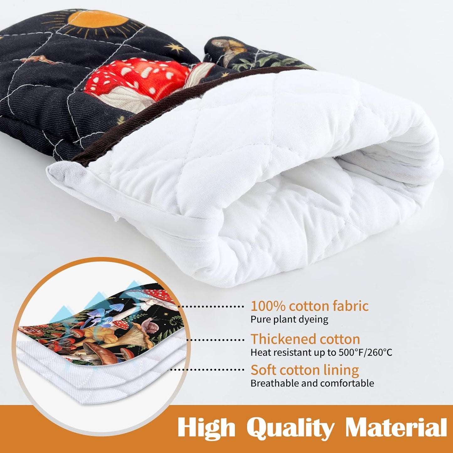 Mushroom Grass Oven Mitts and Pot Holders Sets 2Pcs, 100% Cotton Heat Resistant, Extra Long Oven Gloves Potholder for Kitchen Cooking Baking Decoration