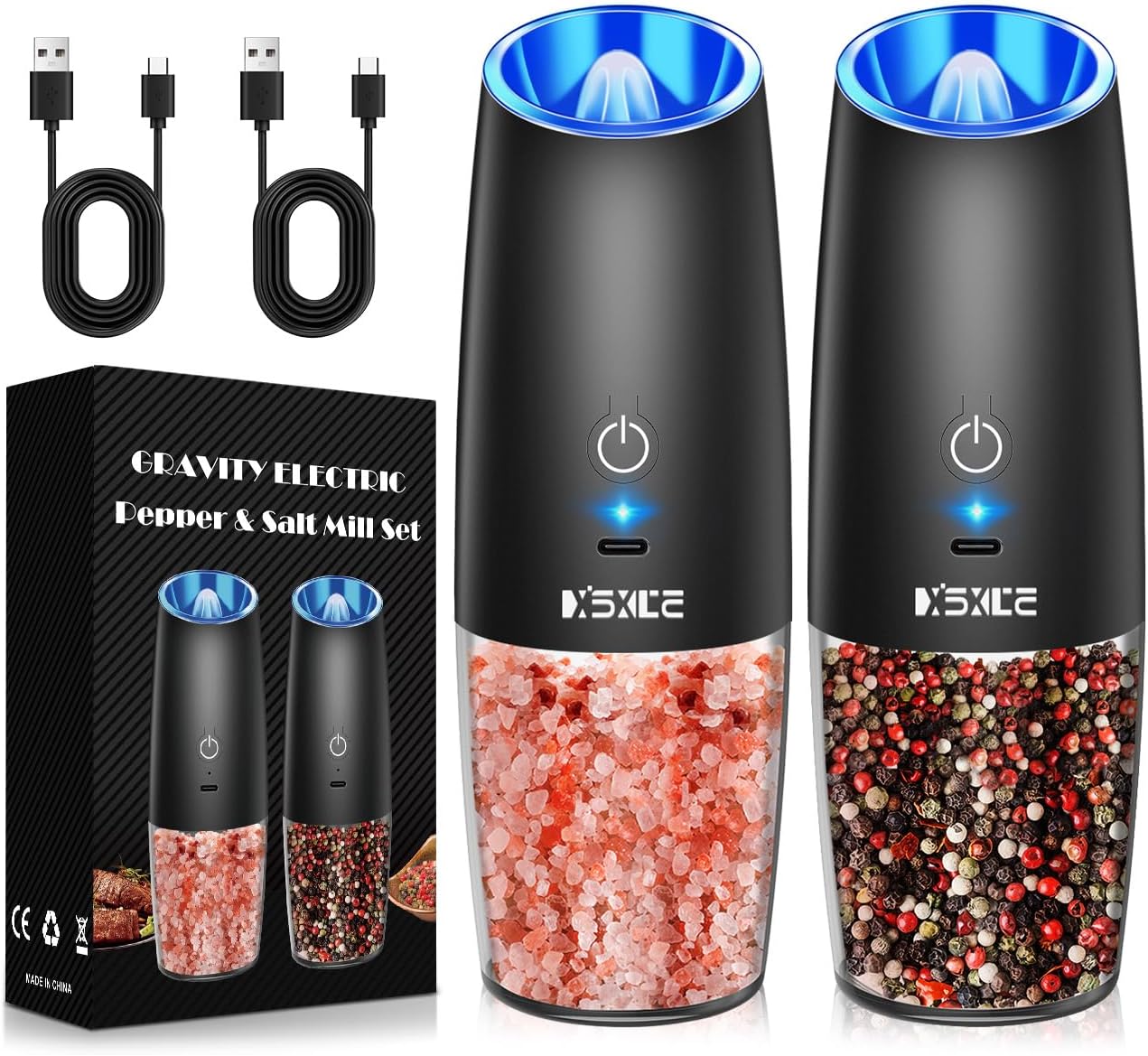 Rechargeable Electric Pepper and Salt Grinder Set, No Battery Needed, whit Gravity Sensing Switch and LED Light, One Hand Automatic Operation, Black 2 Pack