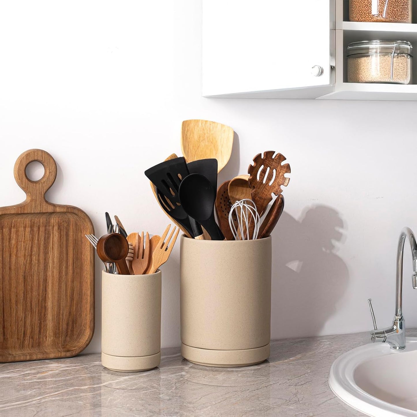 Utensil Holder, 7.3"+5.4" Ceramic 2-in-1 Utensil Holder Set for Countertop, Cooking Utensil Crocks for Kitchen Counter, Organizer for Spatulas & Spoons, Set of 2, Pottery Clay