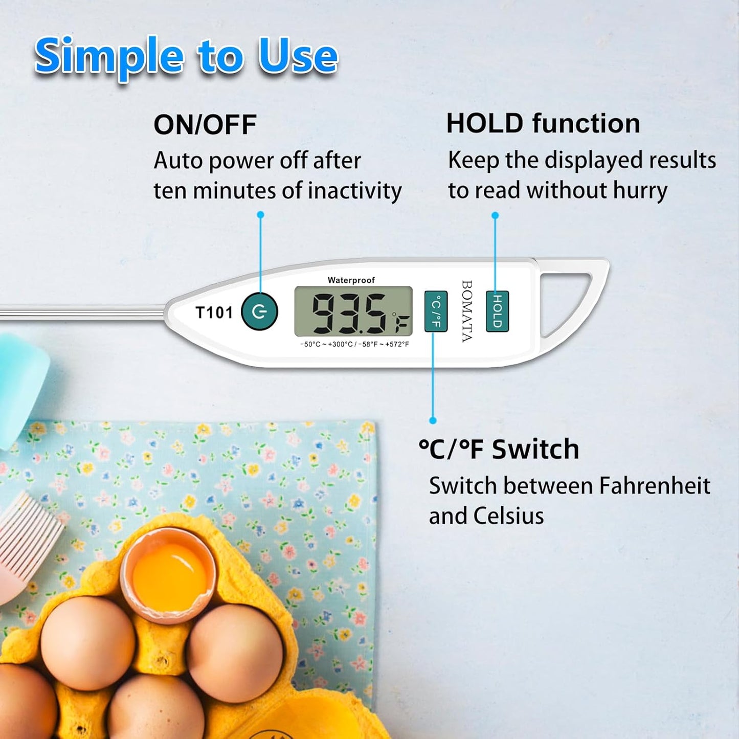 BOMATA Waterproof IPX7 Thermometer for Water, Liquid, Candle and Cooking. Instant Read Food Thermometer with Long Probe for Cooking, Meat, BBQ! T101 White