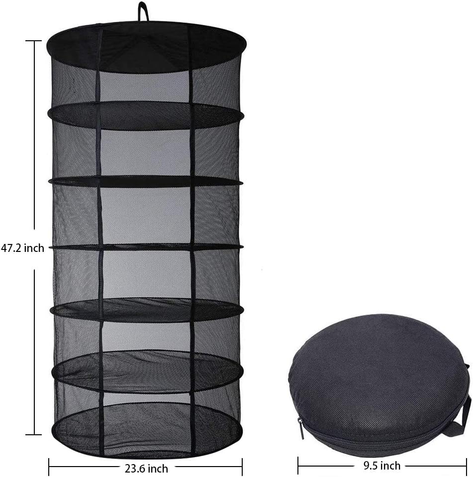 Desy & Feeci Herb Drying Rack Hanging, 6 Layer Collapsible Mesh Dry Net Herb Dryer with S Hang Buckle and Storage Bag, Black (Diameter 60 cm)