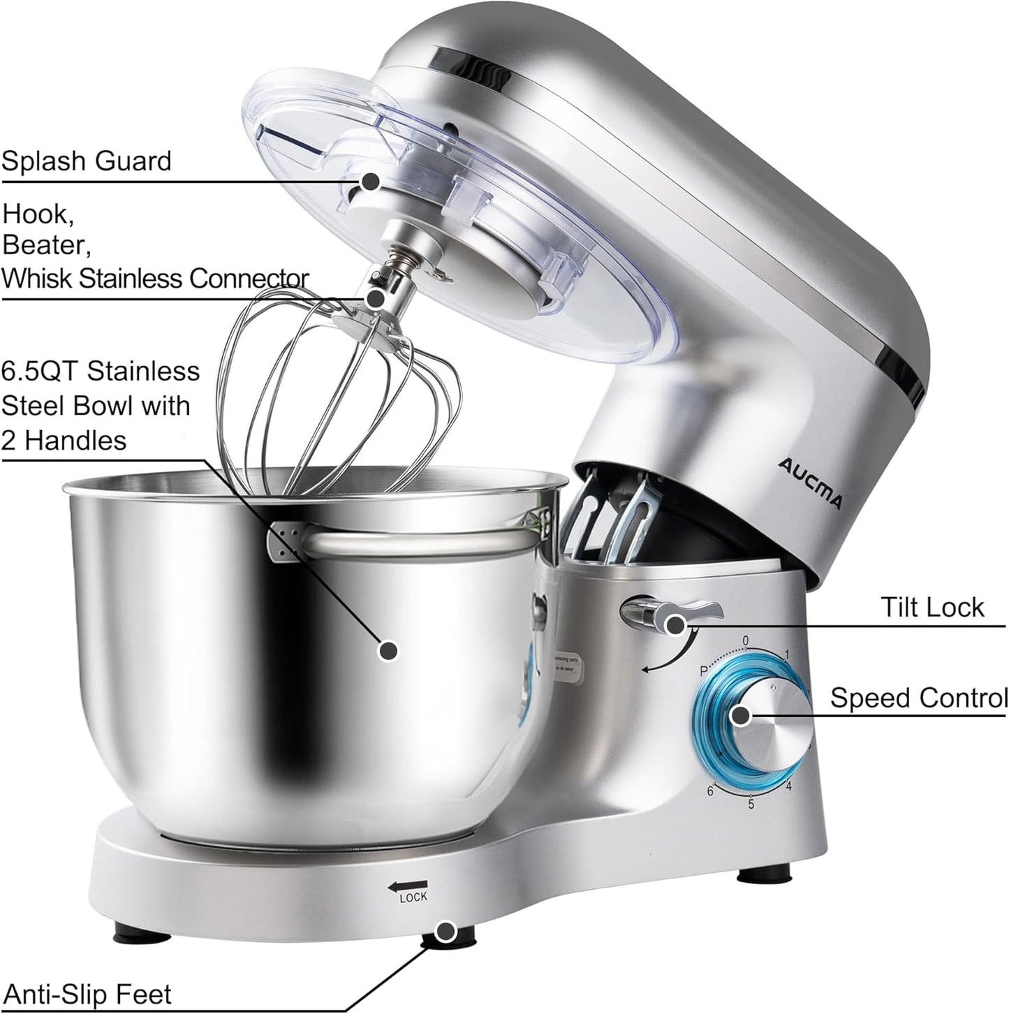 Aucma Stand Mixer,6.5-QT 660W 6-Speed Tilt-Head Food Mixer, Kitchen Electric Mixer with Dough Hook, Wire Whip & Beater (6.5QT, Silver)