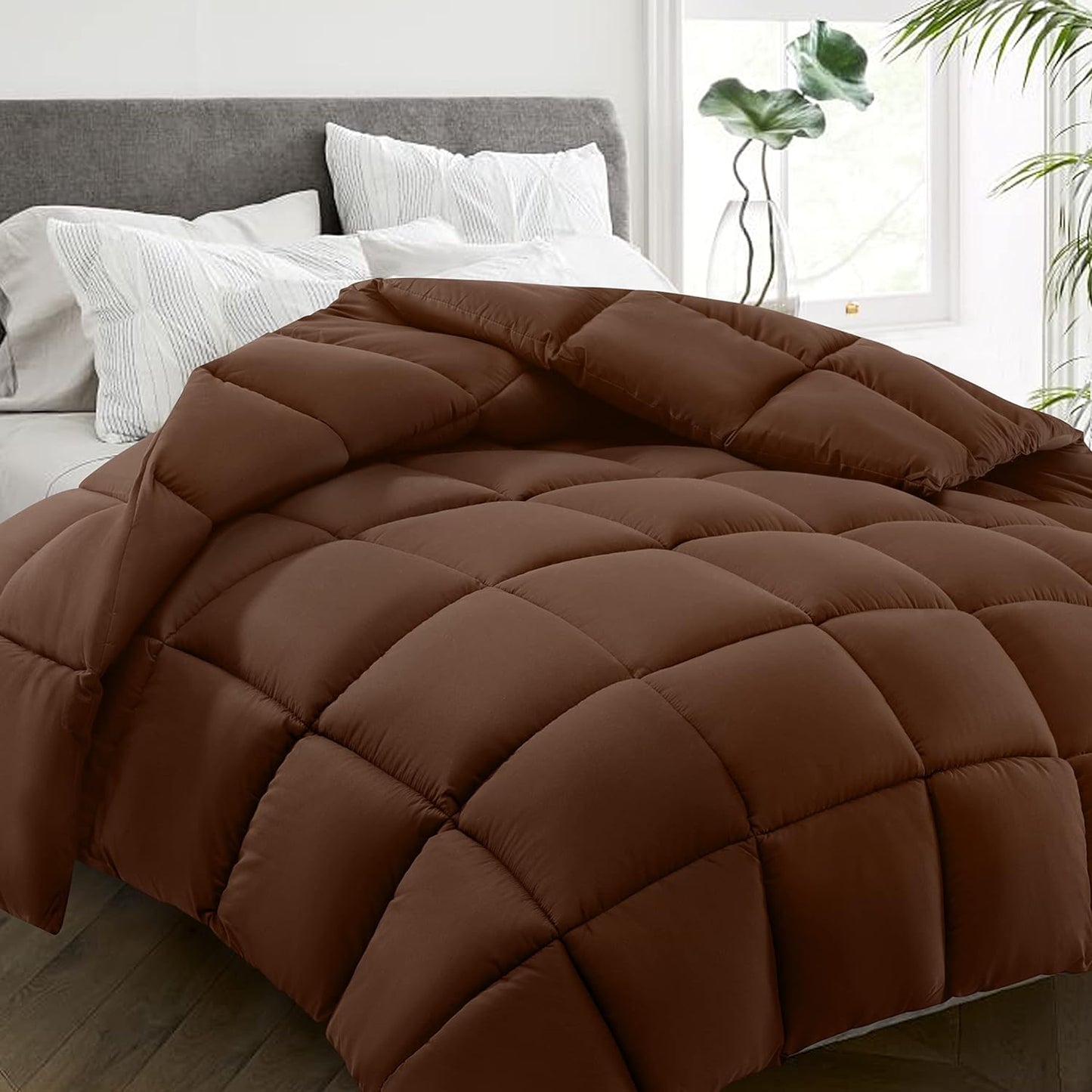 HYLEORY All Season Twin Size Bed Comforter - Cooling Down Alternative Quilted Duvet Insert with Corner Tabs - Winter Warm - Machine Washable - Mocha Coffee