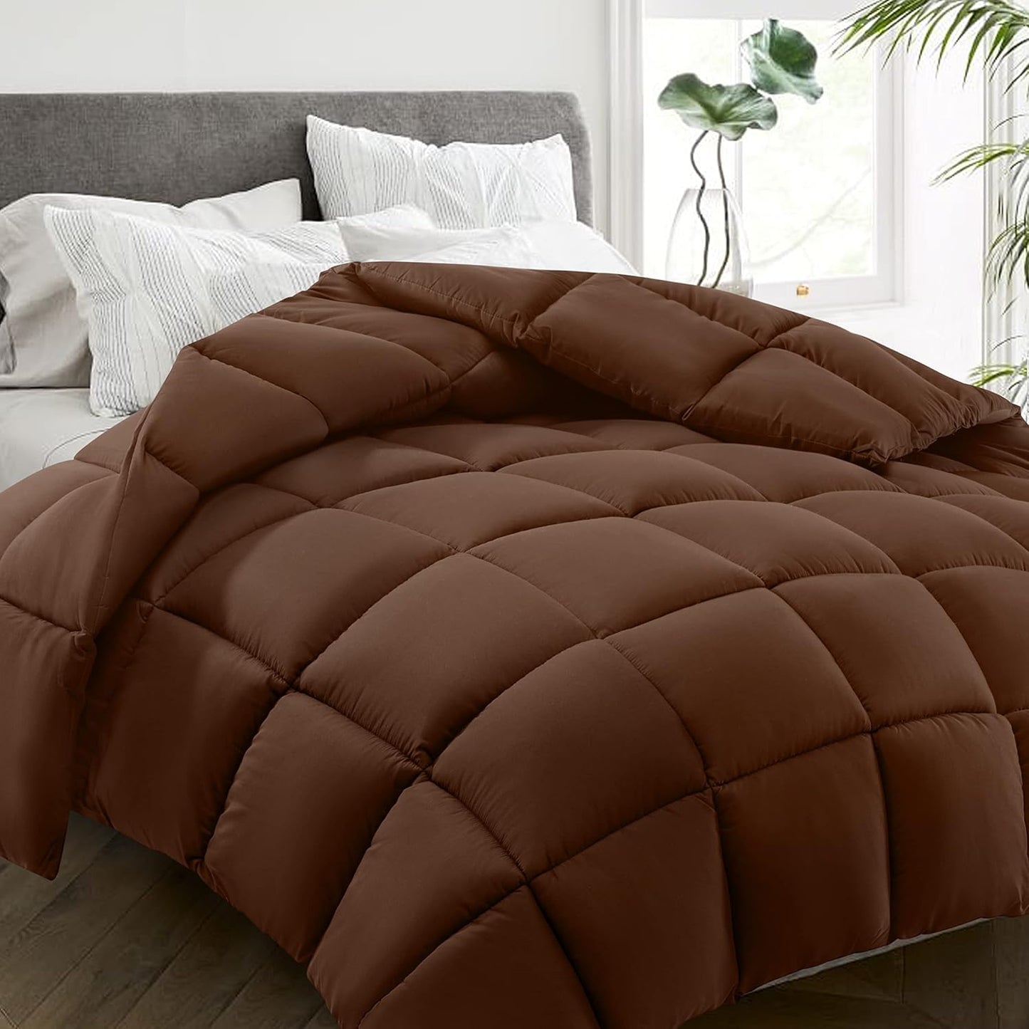 HYLEORY All Season King Size Bed Comforter - Cooling Down Alternative Quilted Duvet Insert with Corner Tabs - Winter Warm - Machine Washable - Mocha Coffee