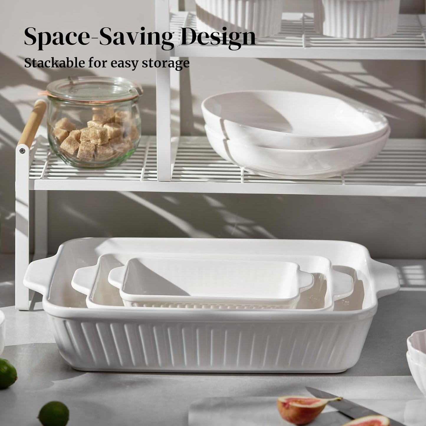 DOWAN Casserole Dishes for Oven, Baking Dishes Set, Ceramic Bakeware Sets of 3, Lasagna Pan Deep, Rectangular Baking Pan Set with Handles for Baking, Casserole, Kitchen, Wedding Gift, Soft White (15.6''/12.2''/8.9'')