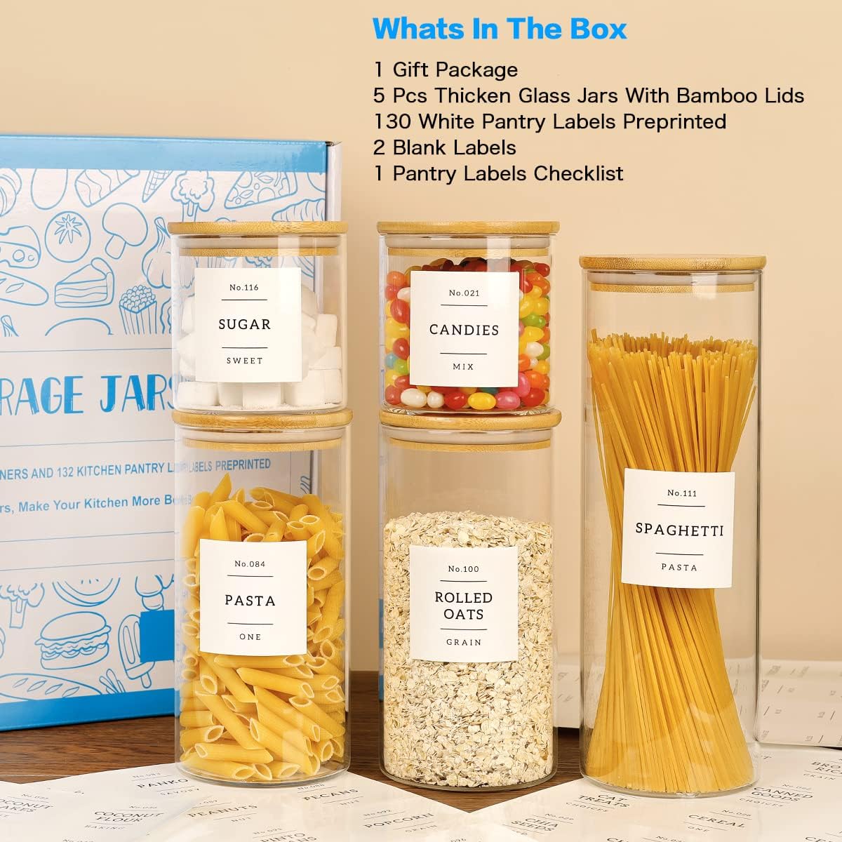 5 Pcs Glass Food Storage Containers With 132 Pantry Labels Preprinted - Thicken(3mm) Jars Airtight Bamboo Lid Stackable Kitchen Canisters Set For Candy, Cookie, Rice, Sugar, Flour