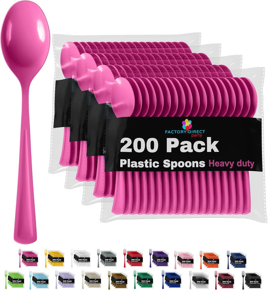 Party Solids Disposable Hot Pink Plastic Spoons 200 Pcs - Heavy Duty Hot Pink Plastic Disposable Cutlery
