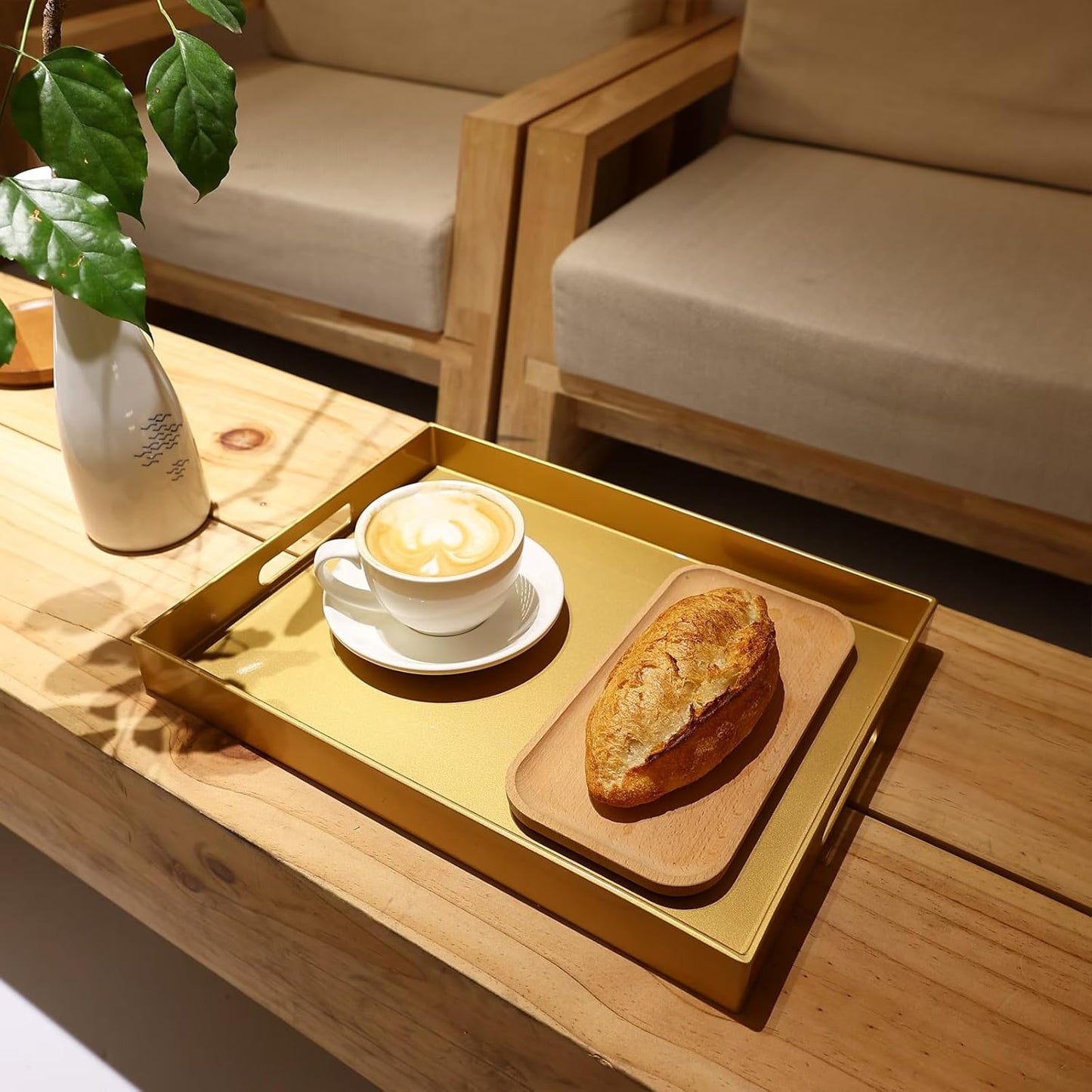 Spsyrine Gold Plastic Serving Tray for Ottoman, Coffee Table, Rectangle Decorative Tray for Entertaining, Outdoor, Living Room, Home Decor