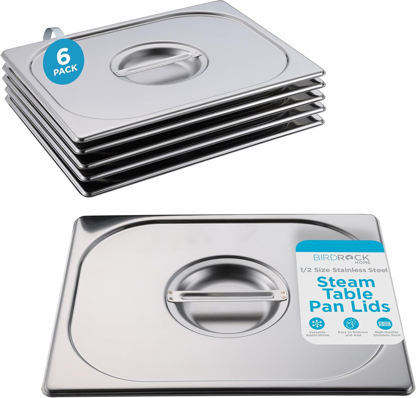 BIRDROCK HOME Stainless Steel Steam Table Pan Lids - Restaurant and Catering Supplies - 24 Gauge Steel - Perfect for Meal Prep, Cooking, and Food Storage Container - 6 Pack, Fits 1/2-Size Hotel Pans