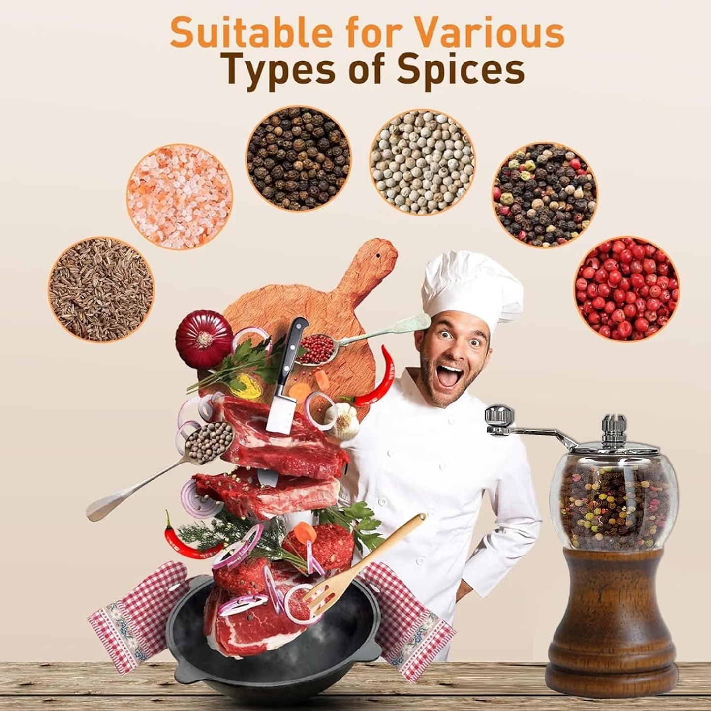 Salt and Pepper Grinder Set, Manual Pepper Grinder with Crank Handle, Adjustable Coarseness Pepper Grinder, Refillable for Sea Salt Black Pepper, Enjoy Fresh Ground Pepper Salts & Spices, Black-2-5in