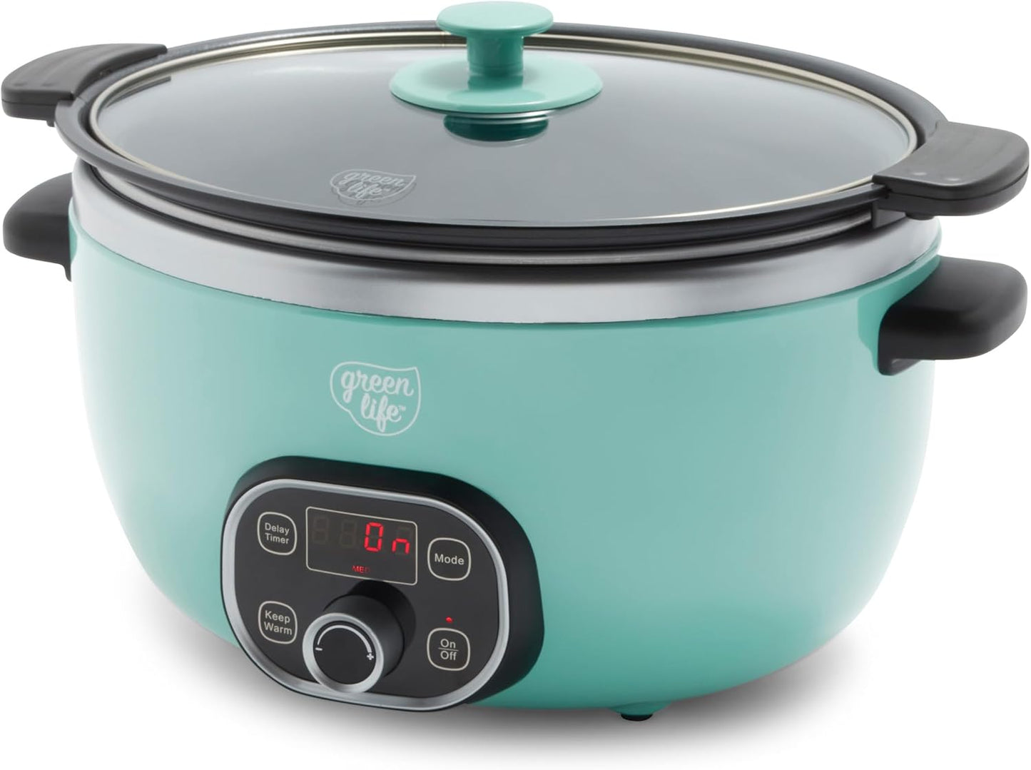 GreenLife 6 Quart Ceramic Slow Cooker, PFAS-Free, Programmable, Removable Healthy Nonstick Pot for Family Meals, Sear on Stovetop, Keep Warm, Digital Timer, Dishwasher Safe Glass Lid, Turquoise