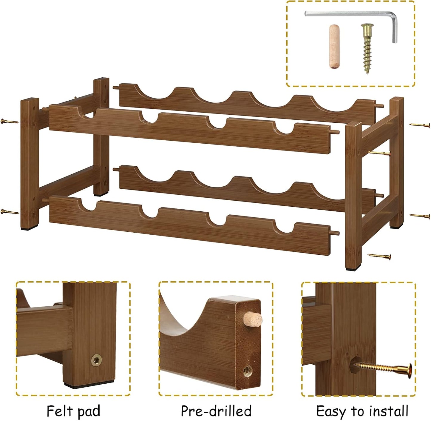 BAMEOS Bamboo Wine Rack, 2 Tier Wine Racks Countertop Storage, Wine Bottle Holder Wine Rack freestanding Floor for Kitchen, Bar, Pantry, Wine Cellar, Basement,Study，Maroon (16.85 L x 9.25W x 7H)