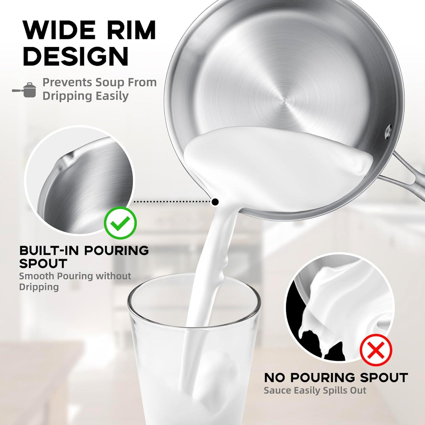 Leetaltree 2.5 Quart Stainless Steel Saucepan with Glass Strainer Lid, Thicken Tri-ply Ful Body, Multipurpose Sauce Pot with Two-Size Drainage Holes Lid, Perfect For Boiling Gravies, Pasta, Noodles