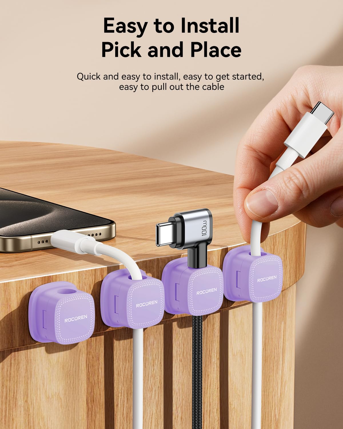 6 Pack Cable Management Cord Organizer, Magnetic Cable Clips-1s Lock, Rocoren Desk Adhesive Cord Cable Clip Wire Holder Keeper for Phone Charger Wire, Nightstand, Car, Office, Desktop Accessory,Purple