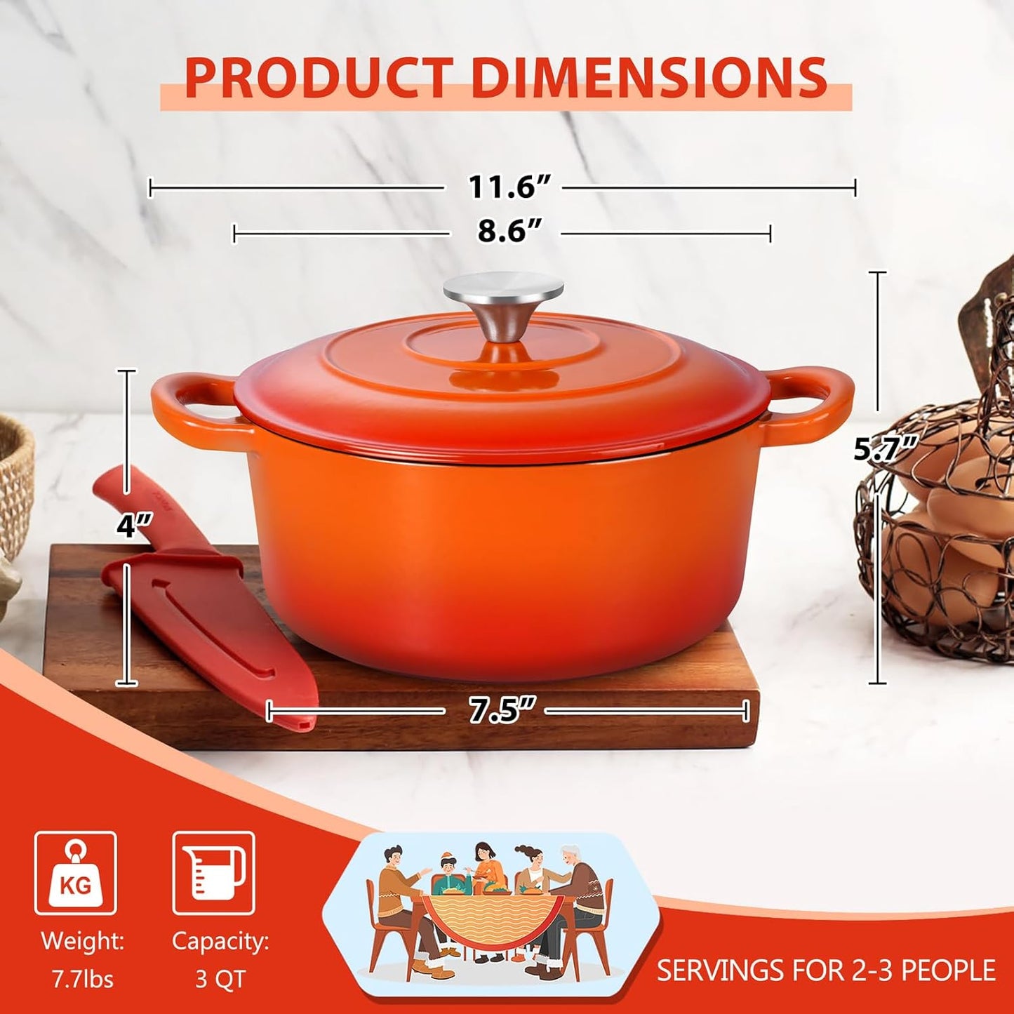 E-far 3 Qt Enameled Cast Iron Dutch Oven with Lid, Small Round Nonstick Dutch Oven Pot for Bread Baking Braising Stews Roasting Cooking, Heavy Duty, Induction & Oven Safe - Orange