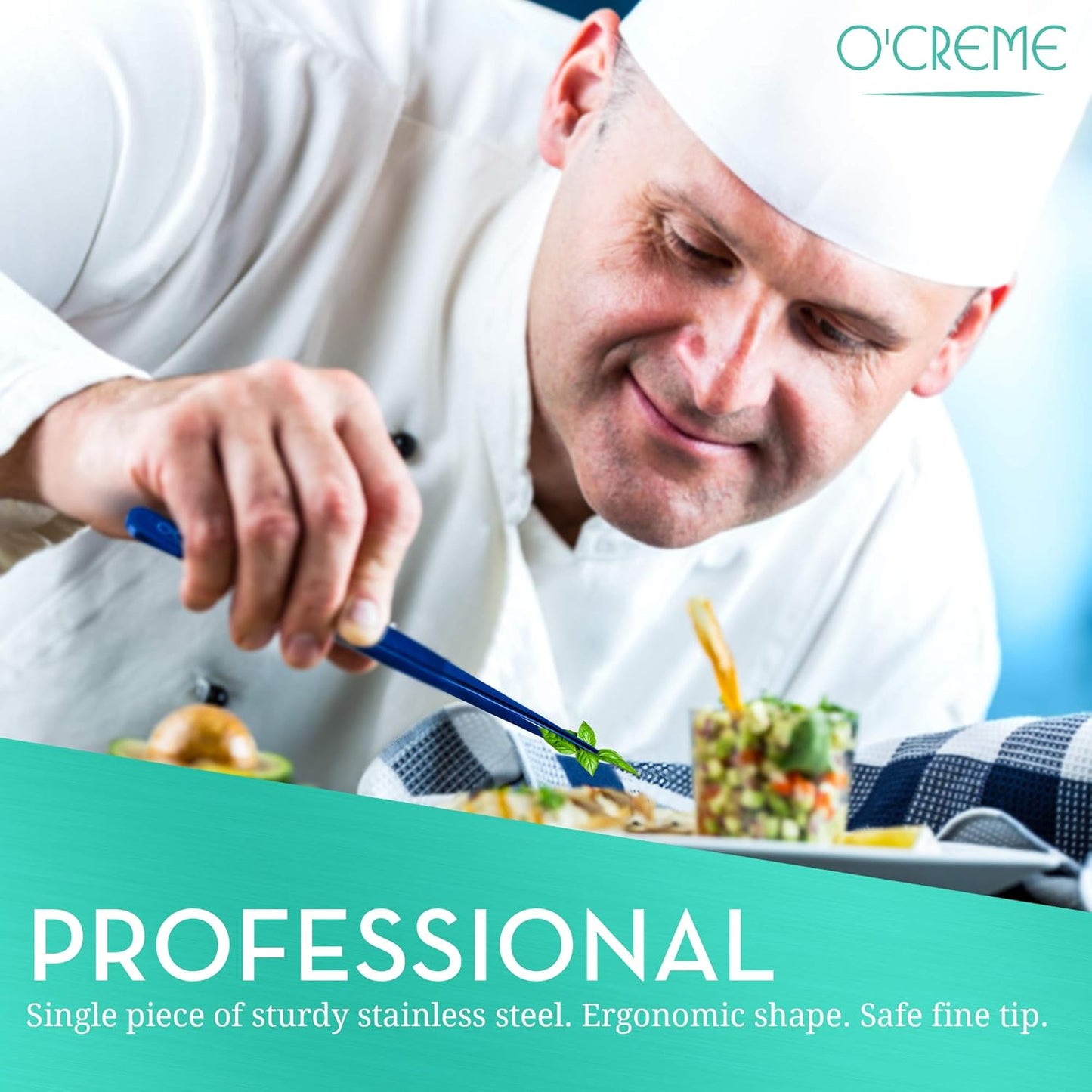 O'Creme Blue Stainless Steel Precision Kitchen Culinary Fine-Tip Tweezer Tongs, 1 Curved and 1 Straight