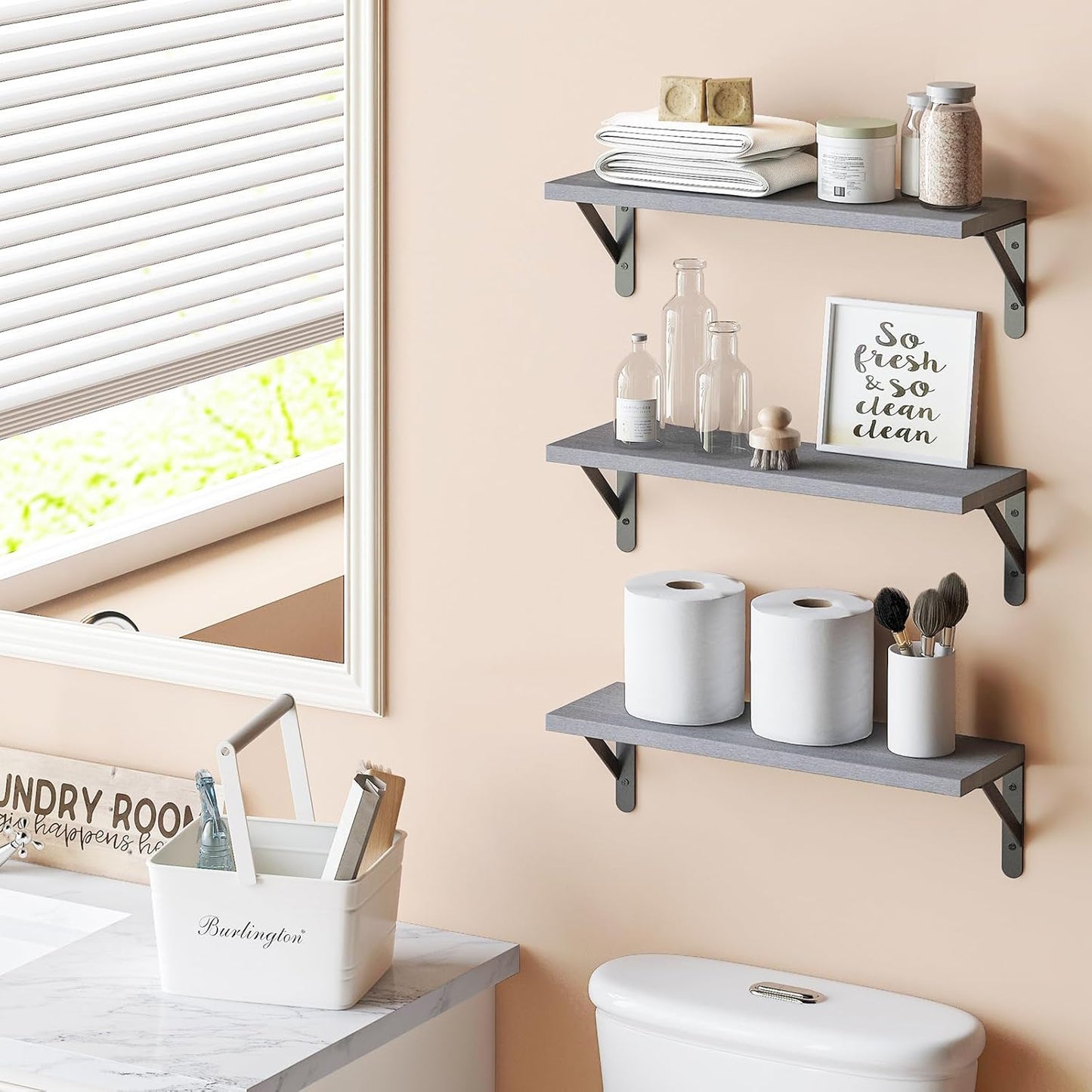 YGEOMER 16.5 Inch Floating Shelves for Wall, Farmhouse Wall Shelves for Bedroom, Bathroom Storage, Living Room and Kitchen Decor (Set of 6 Grey)