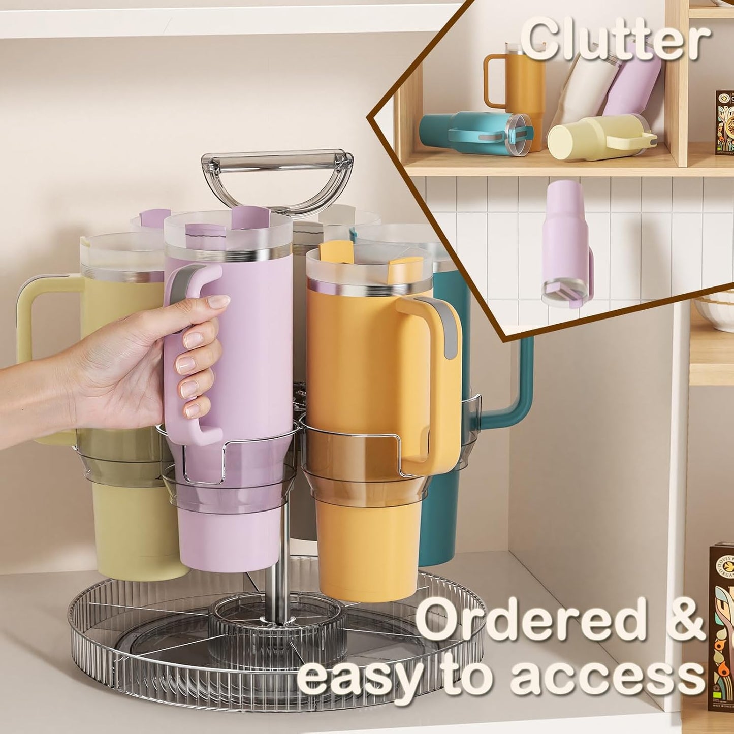 Rotating Stanley Cup Holder, Portable Water Bottle Organizer for 6 Stanley 40 oz & Mug, Adjustable Lazy Susan Organizer for Table Top Cabinet Home Countertop Pantry Shelf Tumbler Lid Organizer