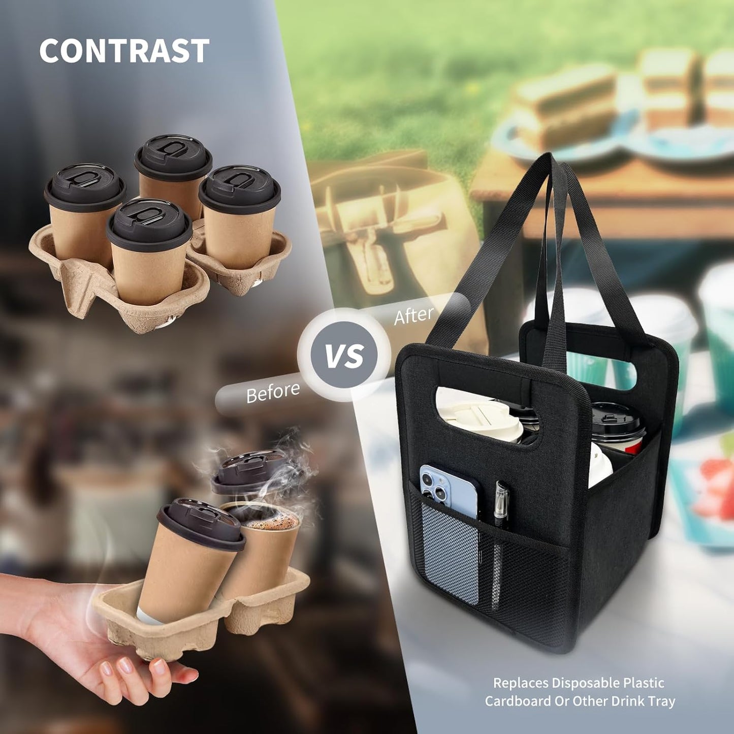 Reusable 4 Cup Drink Carrier with Handle and Adjustable Dividers, Insulated Caddy for Take Out, Foldable Coffee Cup Holder for Hot & Cold Drinks (Black)