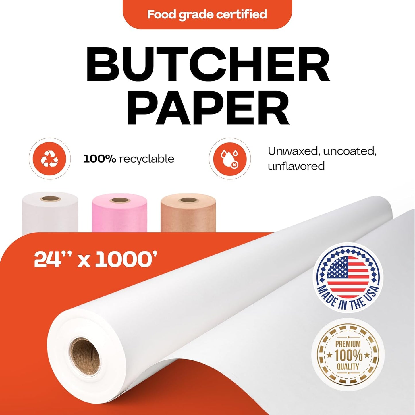White Butcher Paper 24" x 12000" (1000 feet) - USA-Made Natural Butcher Paper Roll for Meat and Fish - Uncoated, Unwaxed & Food-Grade Material for Smoking, Grilling & Barbecue by IDL Packaging