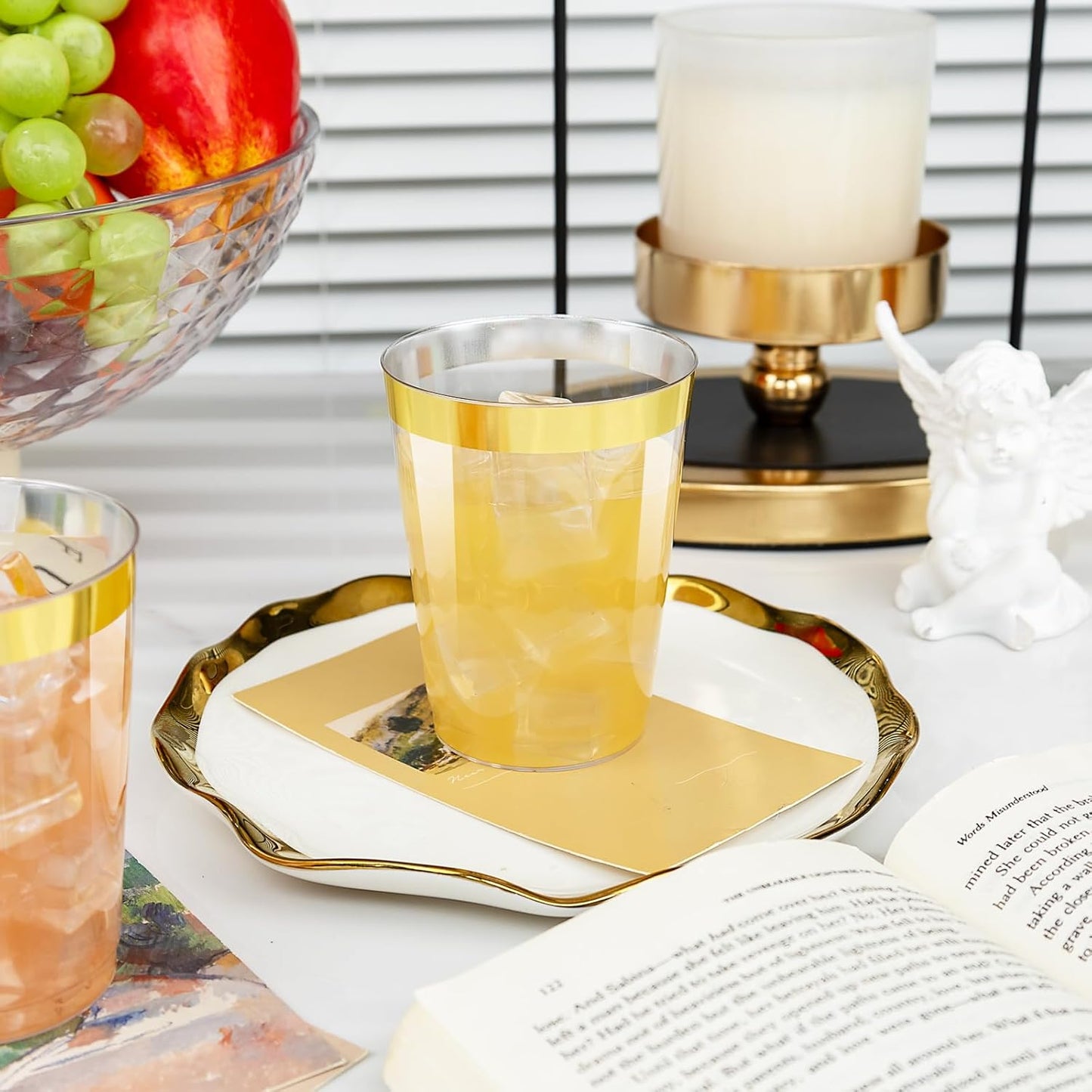 I00000 60PCS Gold Plastic Cups, 10 oz Clear Disposable Cups with Golden Trim, Heavy-Duty Disposable Hard Plastic Wine Glasses Cocktail Glasses Perfect for Wedding & Party