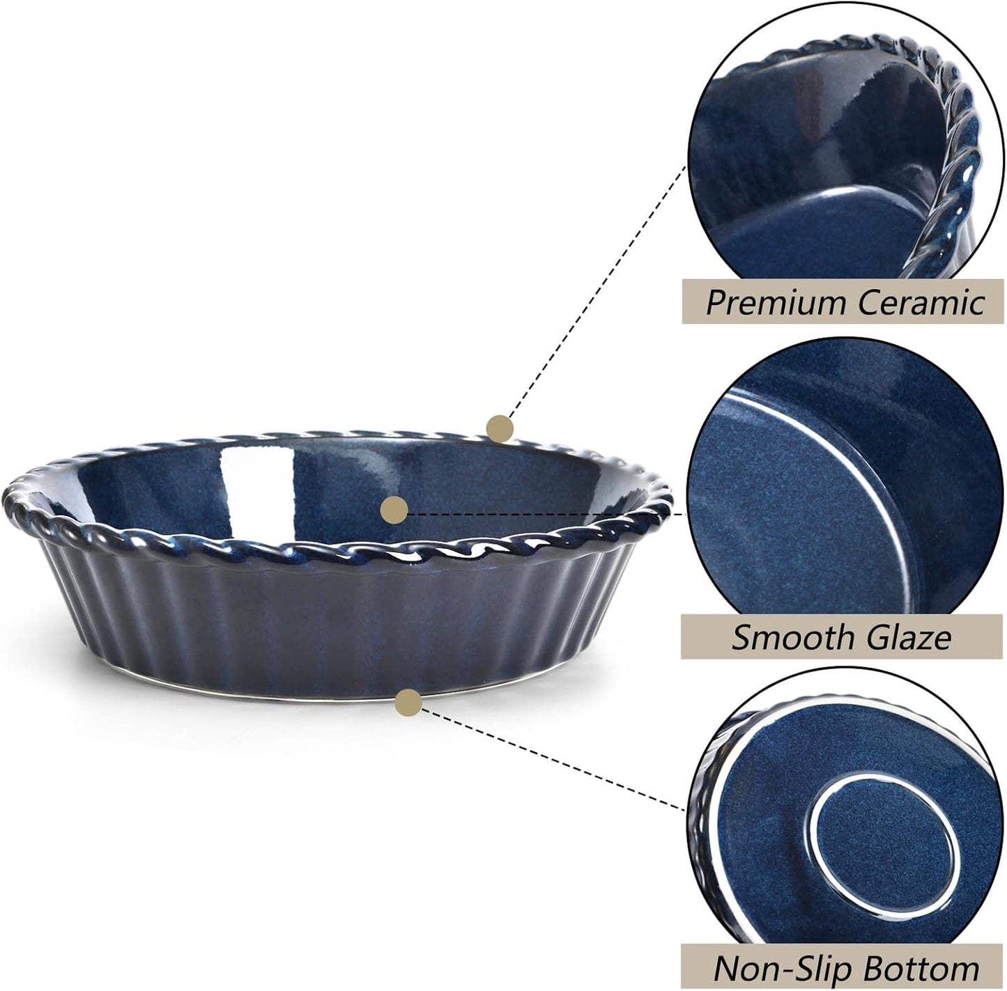 Peohud 2 Pack Ceramic Pie Pans, 10 Inch Deep Fluted Pie Plate, 54 Ounce Round Baking Dish for Quiche, Apple Pecan Pie, Pot Pie, Blue