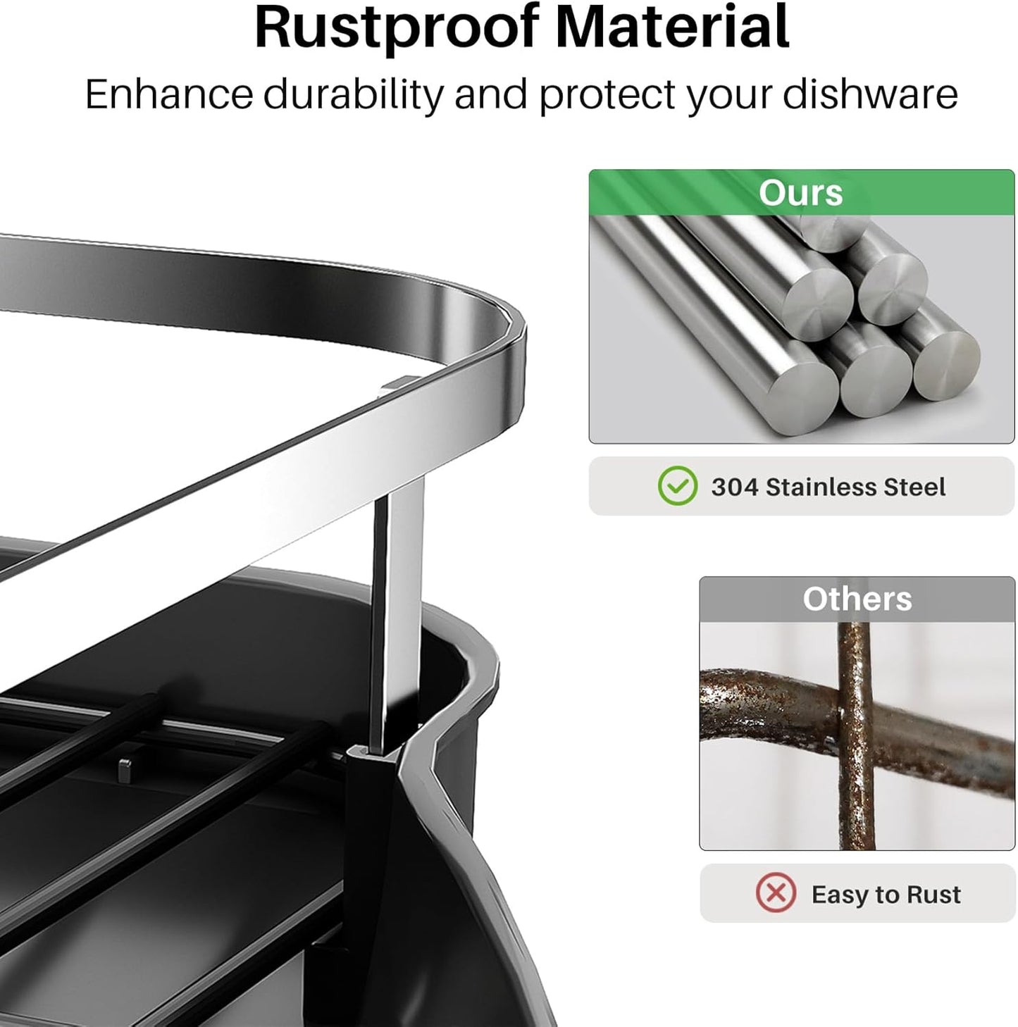 SNTD Dish Drying Rack, Expandable Dish Rack for Kitchen Counter, Stainless Steel Dish Drainer with Drainboard Set and Utensil Holder (Black)