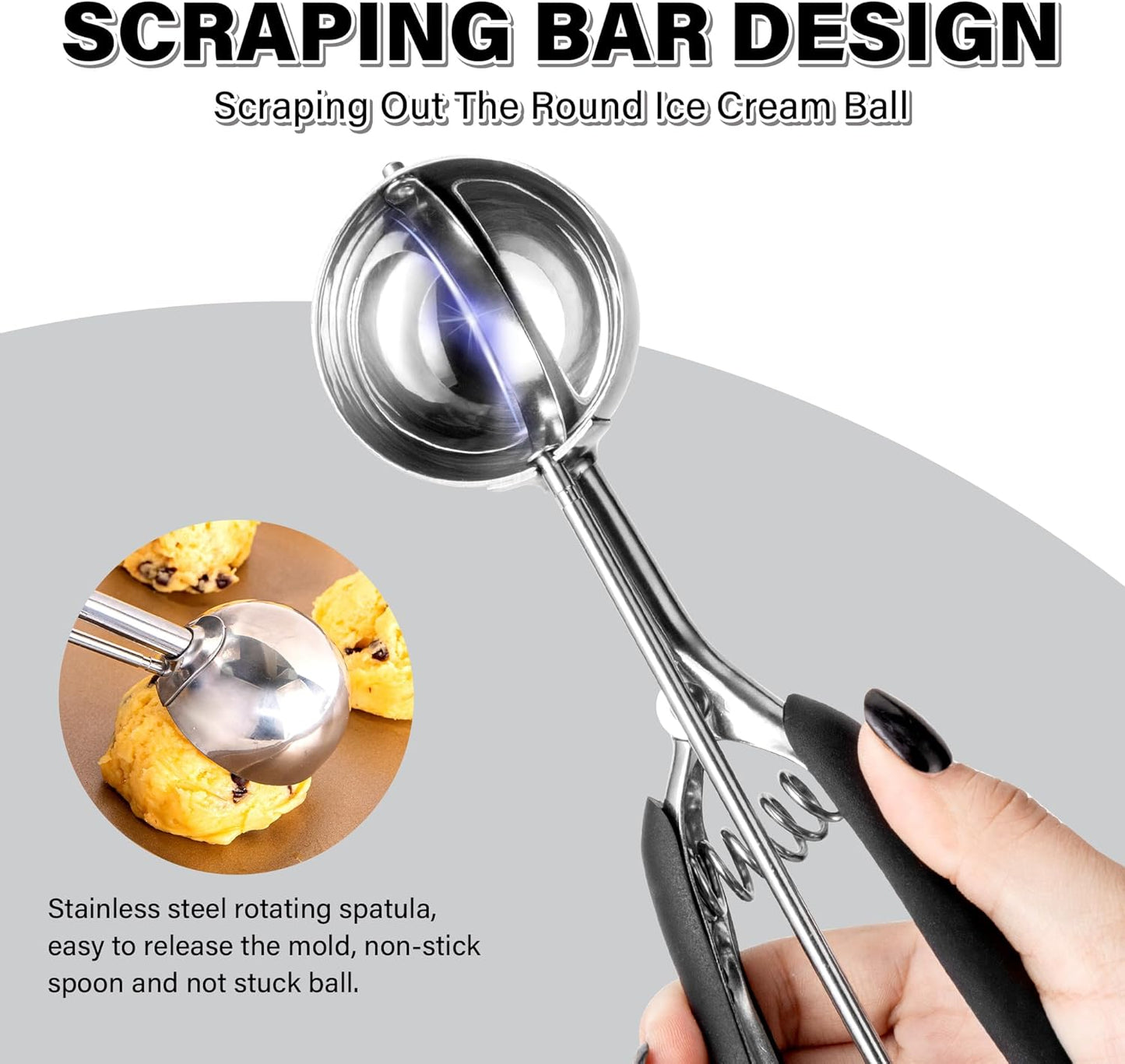Cookie Scoop 3 Tbsp, TJ POP Professional Stainless Steel Ice Cream Scoop 50 mm, Good Soft Grips, Quick Trigger Release, 45 ml