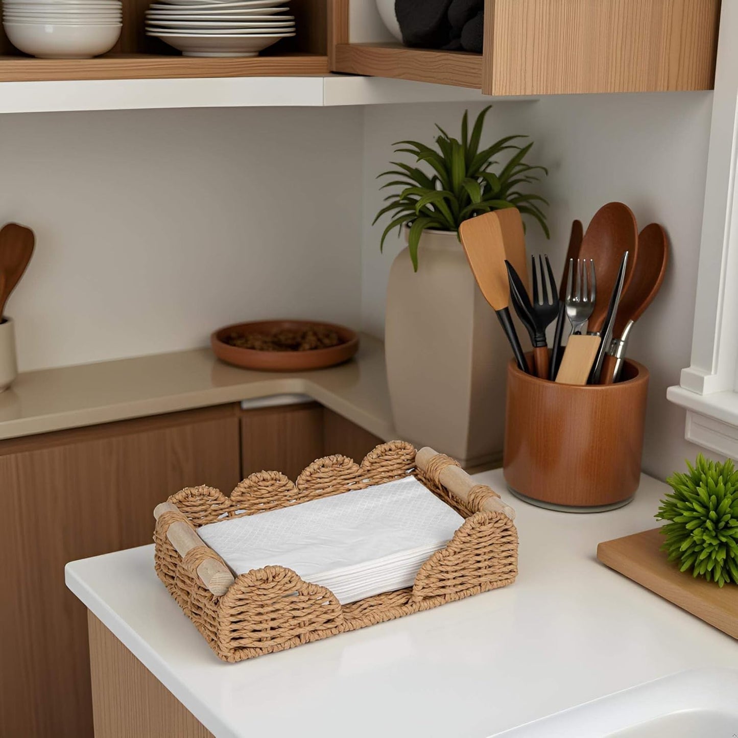 CubesLand Scalloped Napkin Holder for Bathroom Decor, Paper Rope Flat Napkin Dispenser Guest Towel Tray for Bathroom, Farmhouse Warm Napkin Holder for Table Dining Room Home Kitchen Decor, Neutral