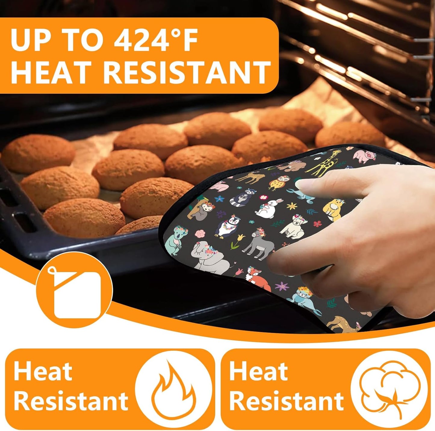 Cute Animals Oven Mitts and Pot Holders Sets 4Pcs,Extra Long Oven Gloves Potholder for Kitchen Cooking Baking BBQ 100% Cotton Heat Resistant