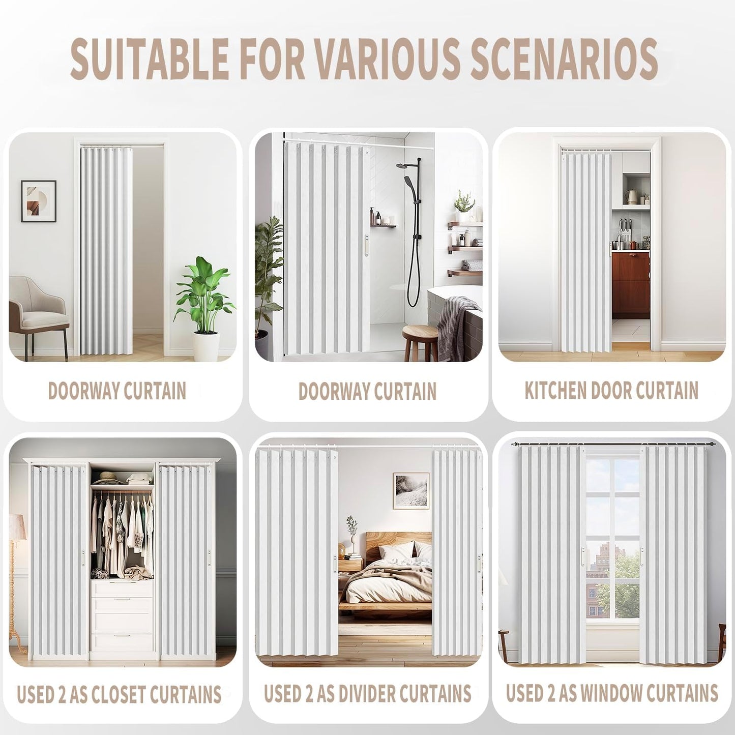Vatge Accordion Door Curtains for Closet, Laundry Room Curtain for Doorway, Hallway Curtain for Space Privacy, 1 Panel with Tieback, W39 x L78, Stone White