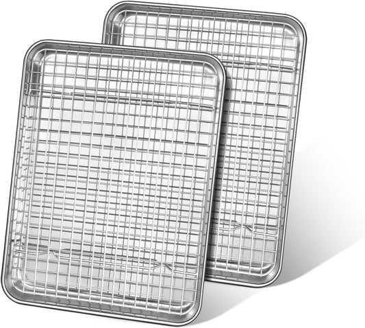 Quarter Sheet Pan with Cooling Rack, Leonyo 1/4 Cookie Sheets for Baking, Wire Rack for Cooking, Nonstick & Stainless Steel Baking Tray for Toaster Oven, Bacon - Size 12.5"x 9.7", 2 Trays + 2 Racks