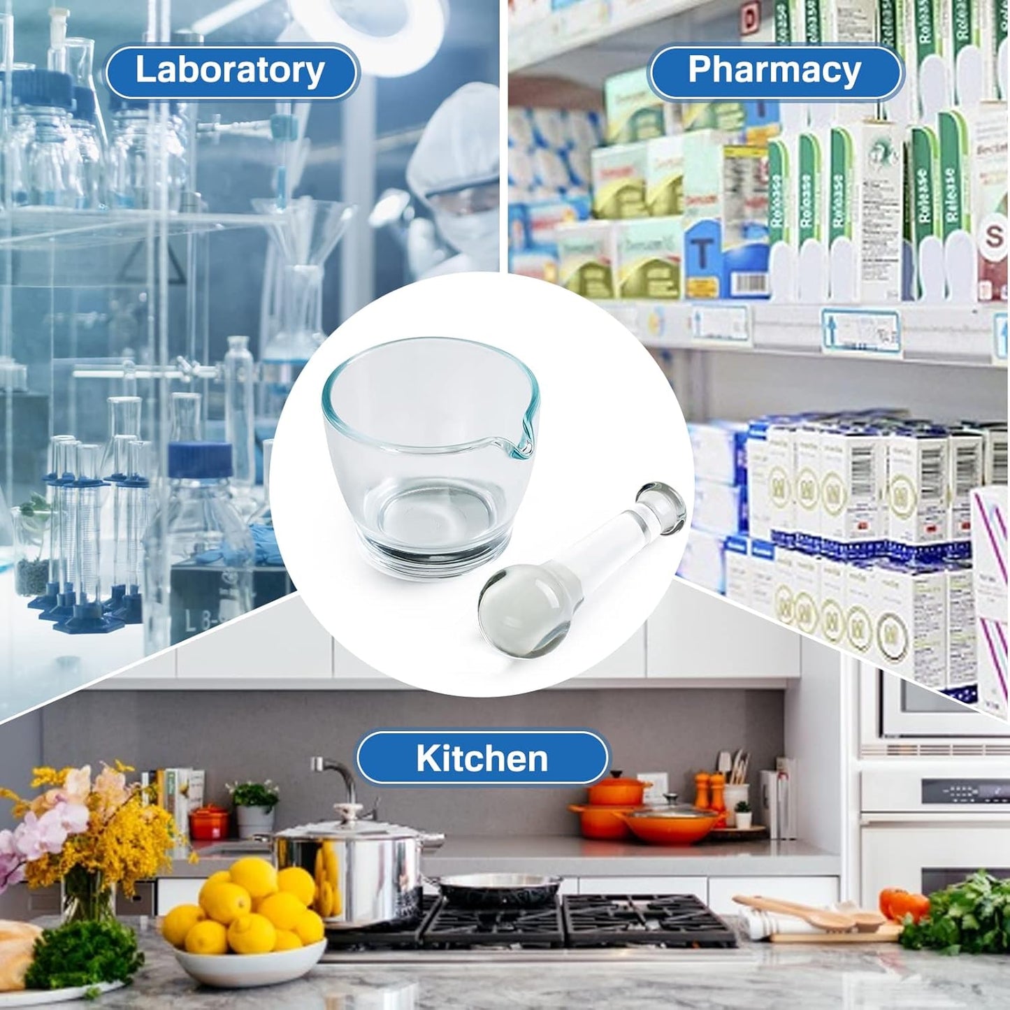 16oz Glass Mortar and Pestle Bowl, Medicine Grinder and Mixer for Pharmacy or Science Lab