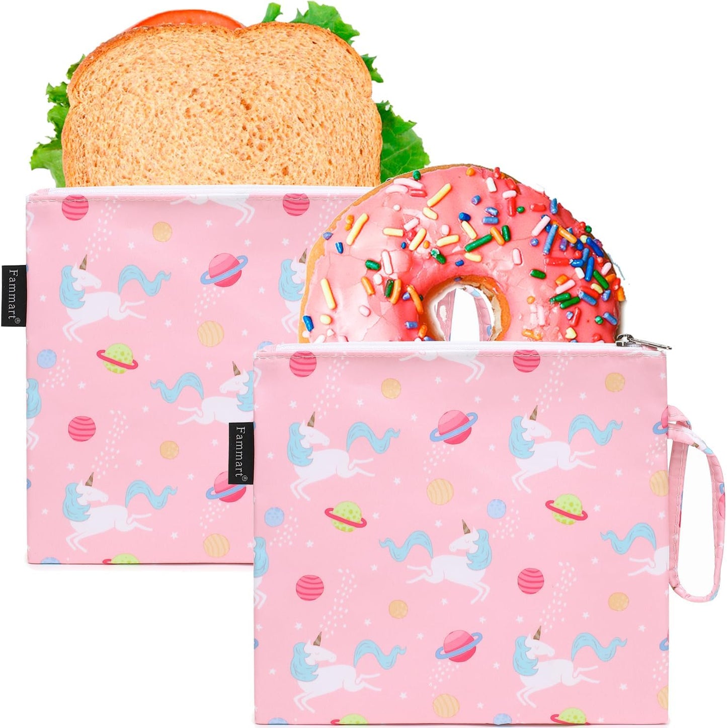 Reusable Sandwich Bag/Snack Bag for Kids & Adults, Dual Layer Lunch Bag with Handle, Washable, Food Safe, BPA Free (2-Pack, Planet Unicorn)