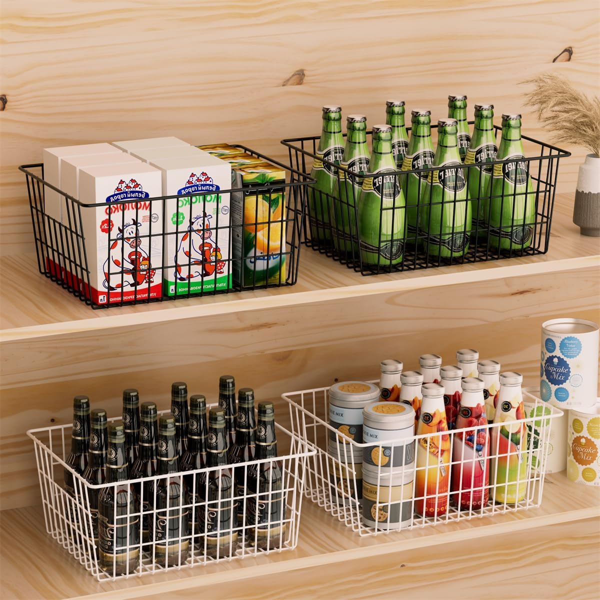 SANNO Large Freezer Baskets Metal Storage Organizer Bin Basket Wire Storage Basket for Kitchen Pantry Bathroom Large Metal Farmhouse Food Fruit Produce Organizer Bins,black,8