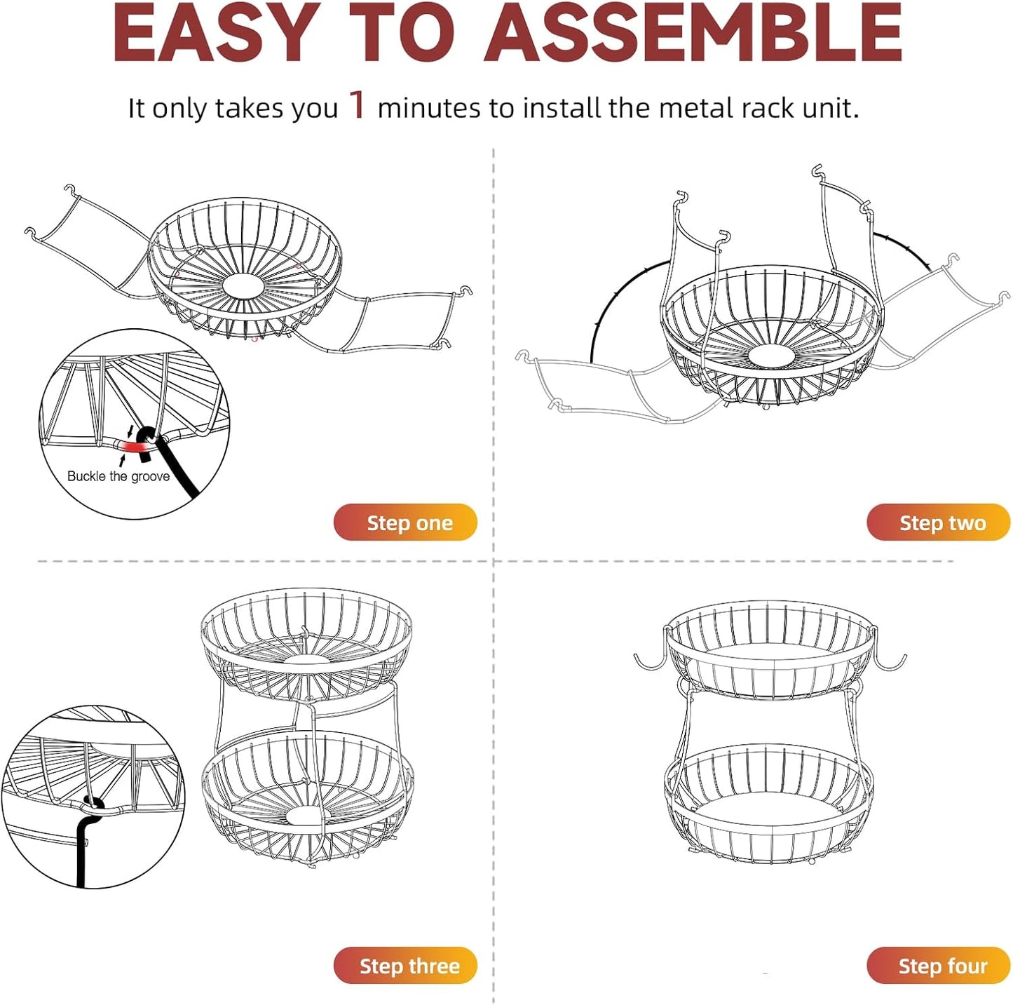 2 Tier Fruit Basket for Kitchen Counter with 2 Banana Hangers, Metal Stackable Fruit Bowl for Kitchen Counter for Bread Vegetable Fruits, Black