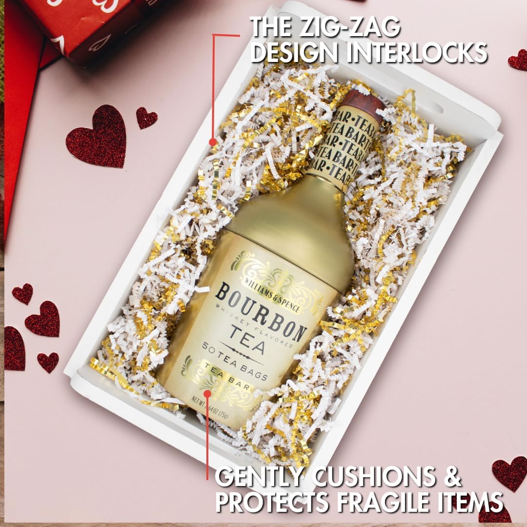 MagicWater Crinkle Cut Paper for Gift Baskets - 2LB - White & Gold - Perfect for Shredded Paper Filler, Basket Filler, Gift Boxes, Bridesmaid Gifts, Halloween Stuffers & More – Ideal for All Occasions